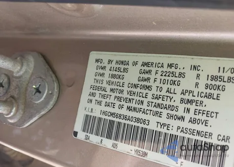 2006 Honda Accord 2.4 Ex from USA, damaged, VIN 1HGCM56836A038063